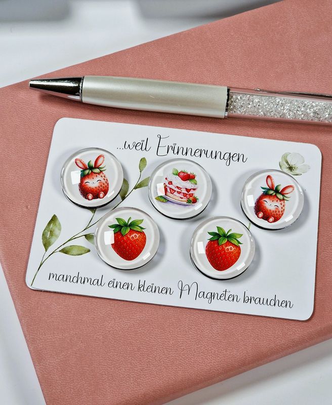 5er Set Glasmagnete "Erdbeerliebe" für deinen Kühlschrank oder Pinnwand