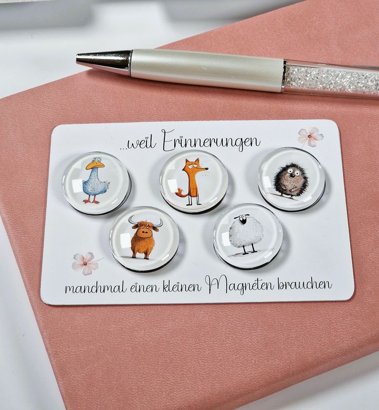 5er Set Glasmagnete, mit Tiermotiven für deinen Kühlschrank oder Pinnwand