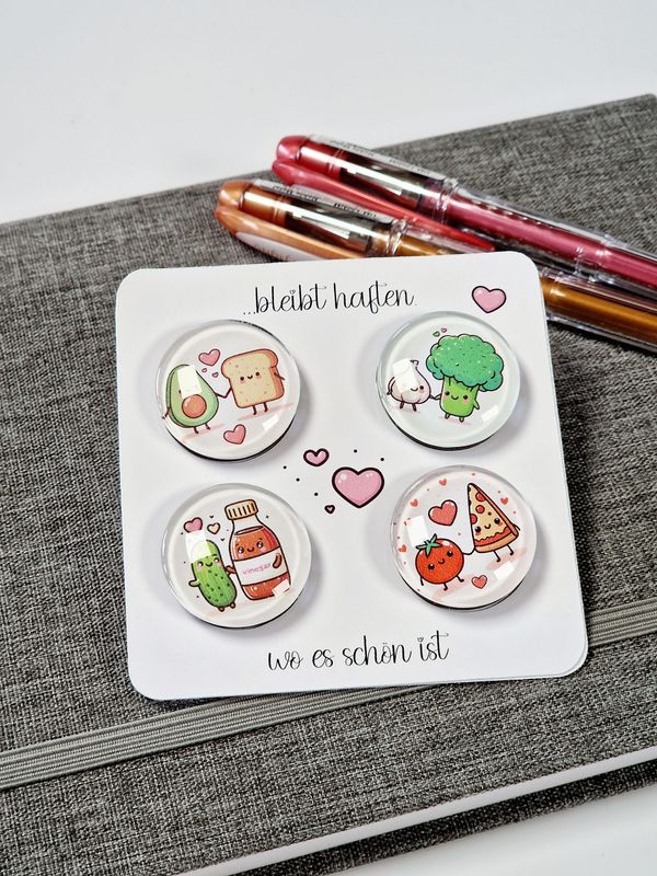 4er Set Glasmagnete "Food Lover" im Kawaii Stil, für deinen Kühlschrank oder Pinnwand