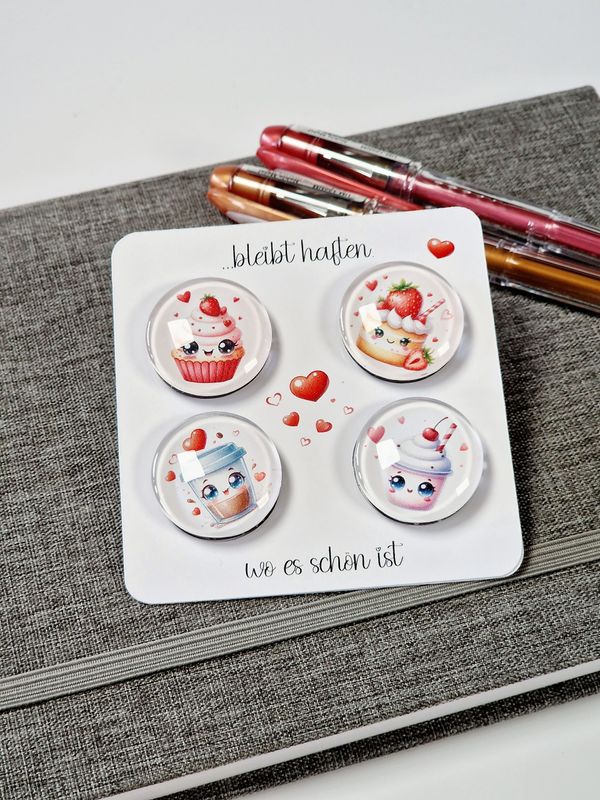 4er Set Glasmagnete "Backliebe" im Kawaii Stil, für deinen Kühlschrank oder Pinnwand