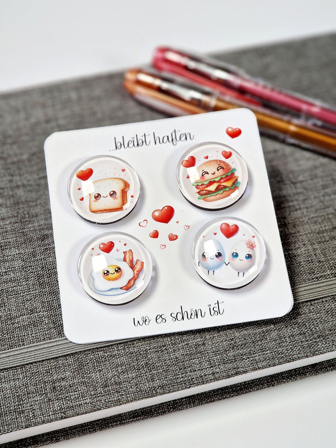 4er Set Glasmagnete "Food Lover" im Kawaii Stil, für deinen Kühlschrank oder Pinnwand