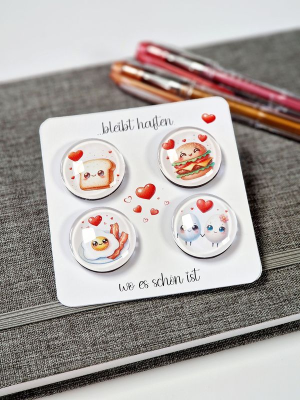 4er Set Glasmagnete "Food Lover" im Kawaii Stil, für deinen Kühlschrank oder Pinnwand