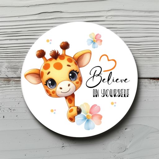 Aufkleber, Sticker Aufkleber, Sticker "Believe in yourself" Durchmesser ca. 4,7cm/ Geburtstage, Mottoparty, Giraffe