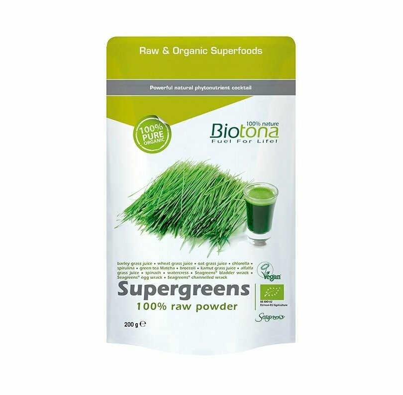 Supergreens (super verdes) 100% Polvo puro de jugos de Plantas Frescas Verdes Bio 200 g Biotona