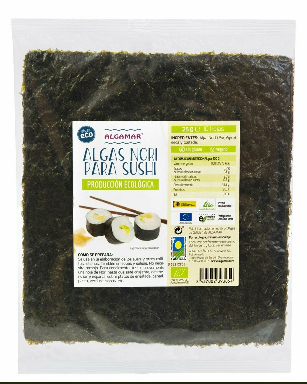 Alga Nori Sushi 10 Hojas ECO 25 g Algamar®