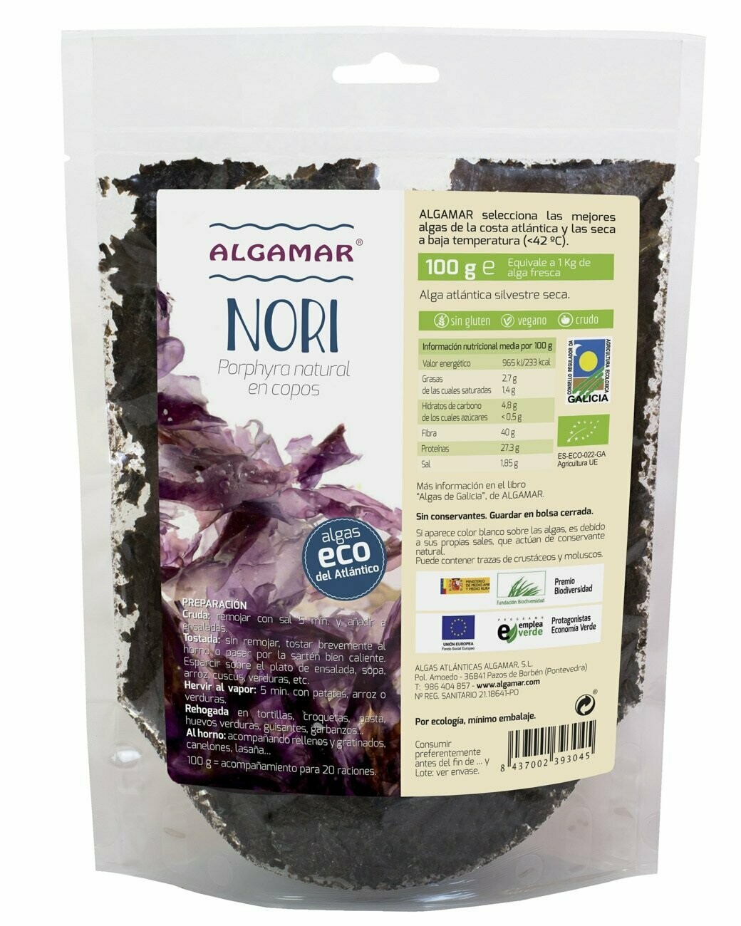 Alga Nori (Porphyra) copos ECO 100 g Algamar®