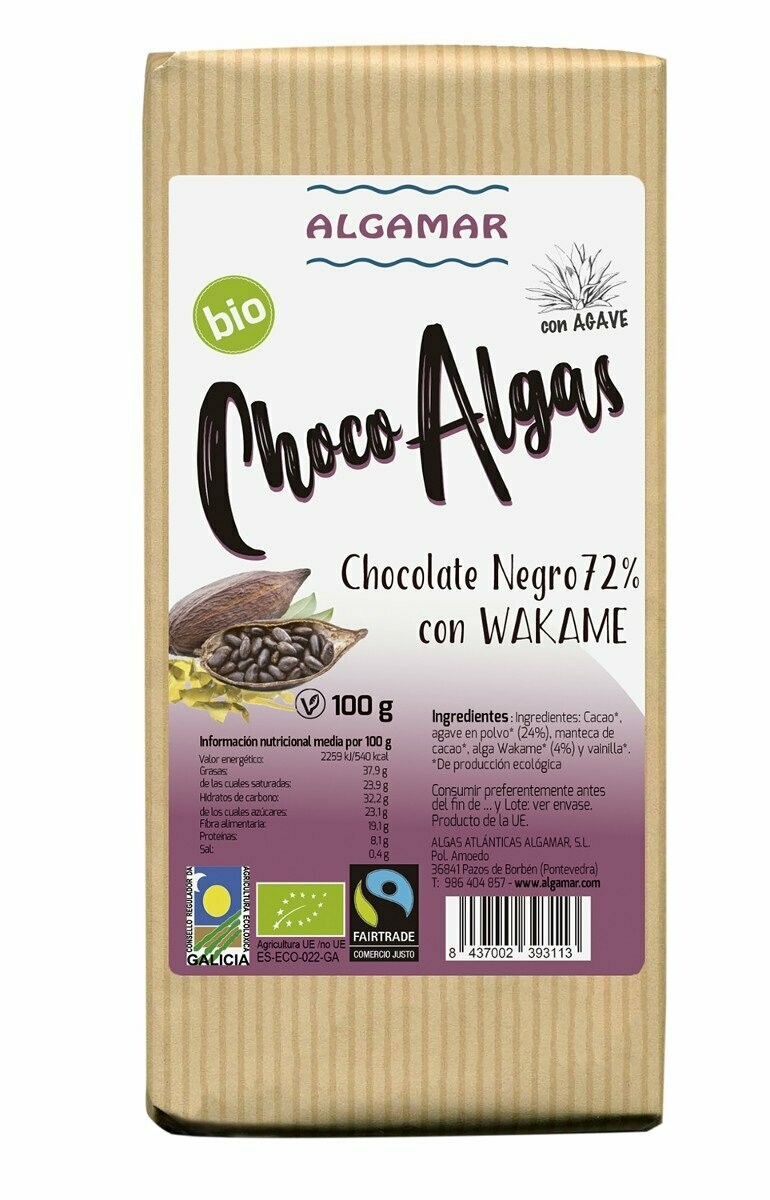 Choco Algas con Wakame (Chocolate Negro 72%) BIO 100 g Algamar®