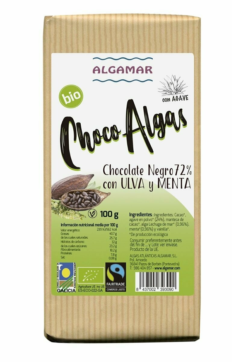 Choco Algas con Ulma y Menta (Chocolate Negro 72%) BIO 100 g Algamar®