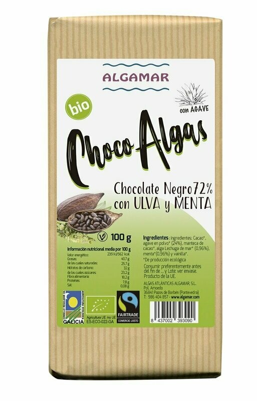 Choco Algas con Ulma y Menta (Chocolate Negro 72%) BIO 100 g Algamar®