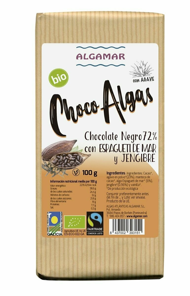 Choco Algas con Espagueti de Mar y Jengibre (Chocolate Negro 72%) BIO 100 g Algamar®
