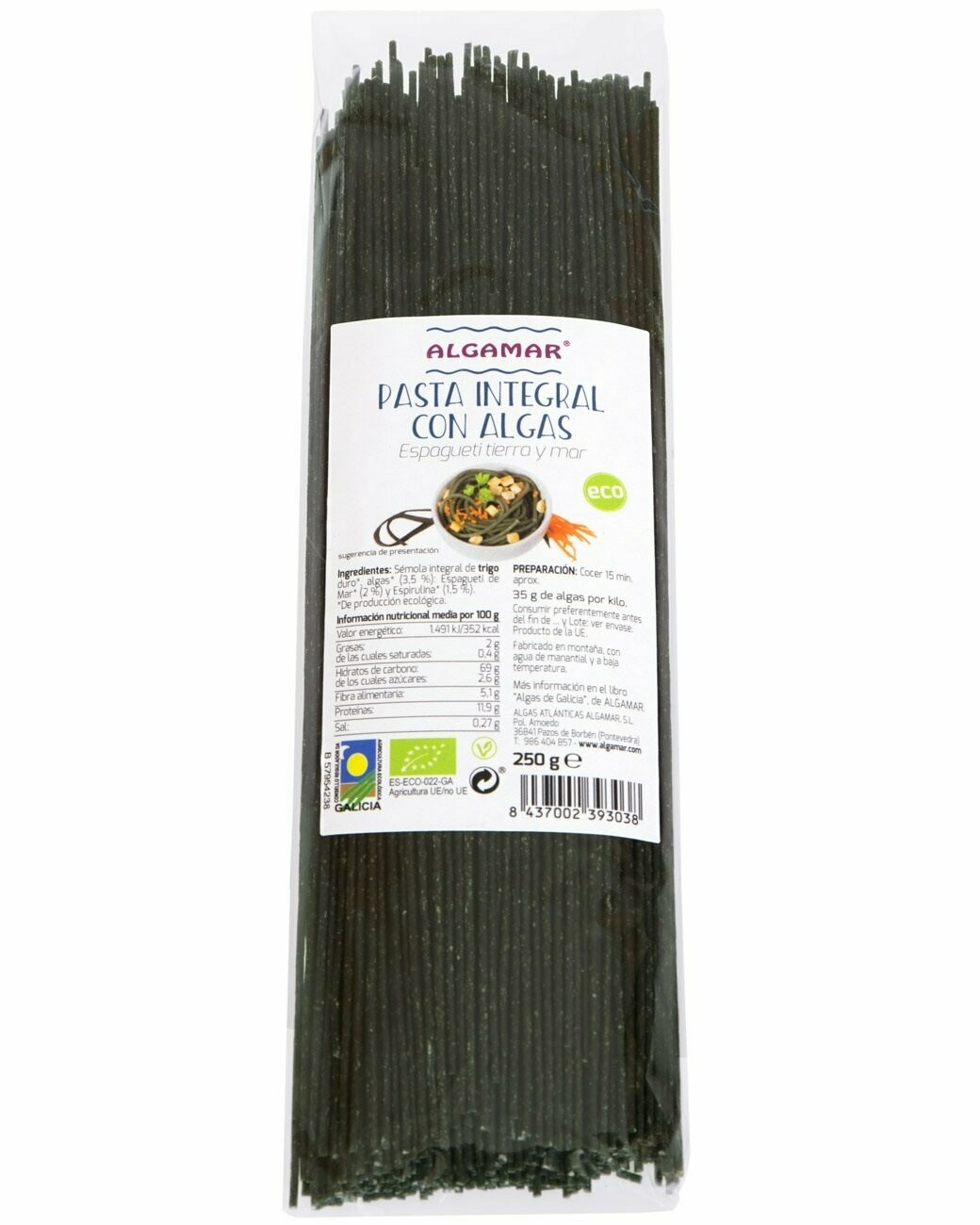 Pasta Integral con Algas "Espagueti Tierra y Mar" ECO 250 g Algamar®