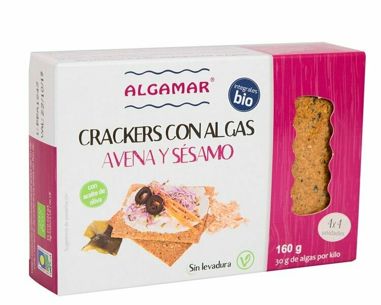 Cracker con Algas, Avena y Sésamo, sin levadura y con aceite de oliva BIO 160 g Algamar®