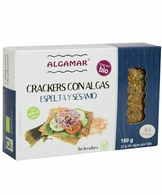 Cracker con Algas, Espelta y Sésamo, sin levadura y con aceite de oliva BIO 160 g Algamar® Cracker con Algas, Espelta y Sésamo, sin levadura y con aceite de oliva BIO 160 g Algamar®