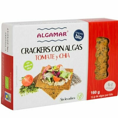 Cracker con Algas, Tomate y Chia, sin levadura y con aceite de oliva BIO 160 g Algamar®