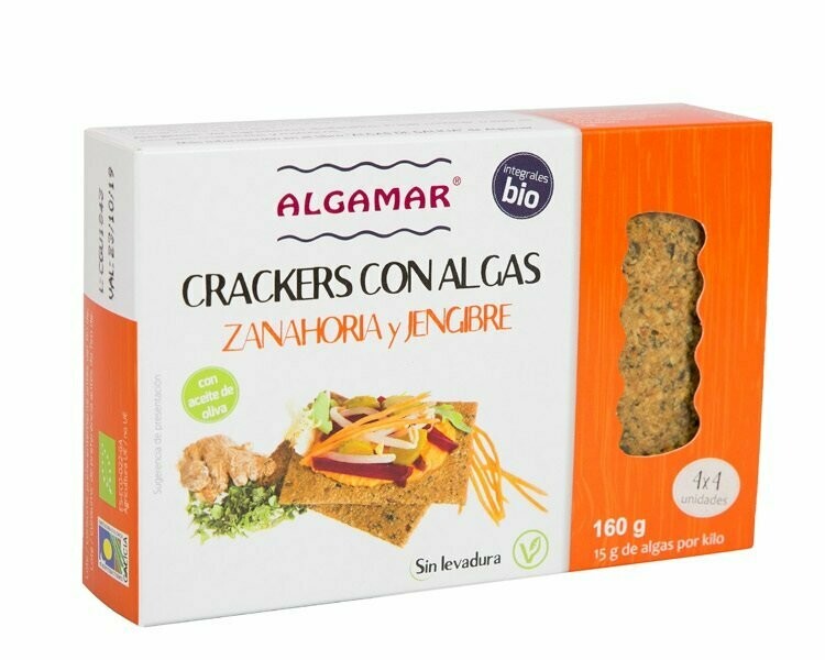 Cracker con Algas, Zanahoria y Jengibre, sin levadura y con aceite de oliva BIO 160 g Algamar®