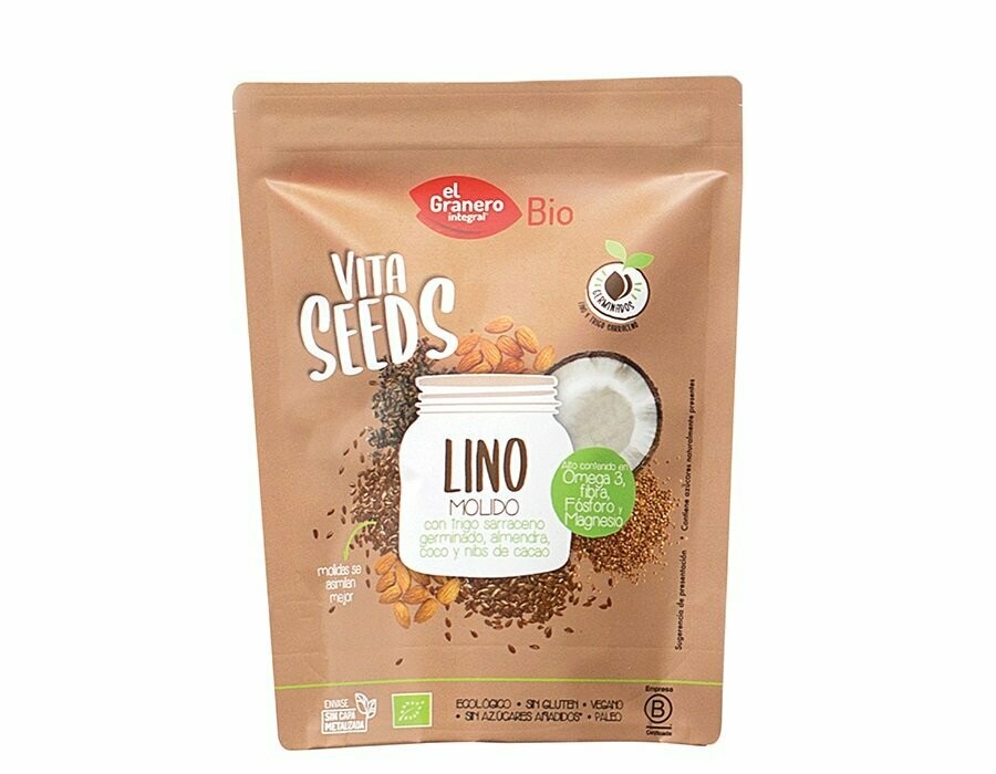Vitaseeds Semillas de Lino Molido Con Trigo Sarraceno, Nibs de Cacao y Almendras Bio, 200 g El Granero Integral