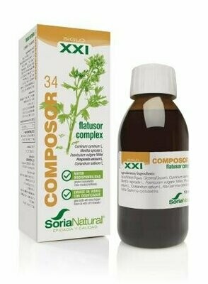 Composor 34 Flatusor Complex S.XXI Envase de vidrio con dosificador. 100 ml  Soria Natural® Composor 34 Flatusor Complex S.XXI Envase de vidrio con dosificador. 100 ml  Soria Natural®