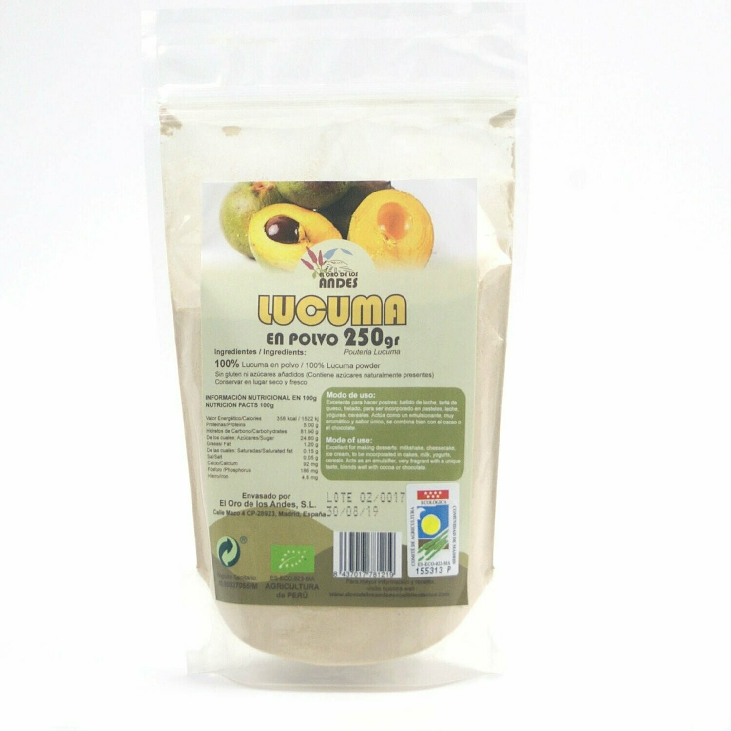 Lúcuma en polvo ecológica 250 g El Oro de los Andes