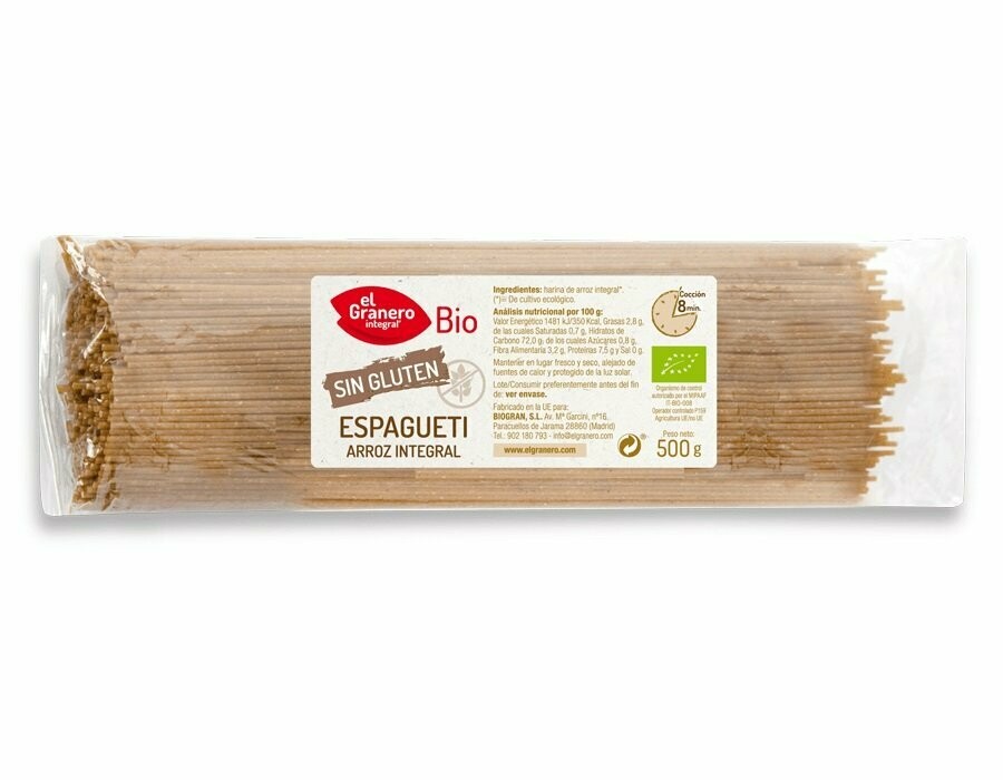 Espaguetis de Arroz Integral sin Gluten Bio, 500g El Granero Integral