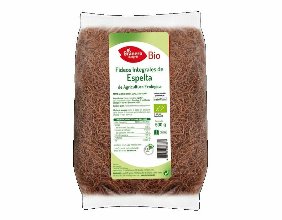 Fideos de Trigo Espelta Integral Bio, 500g El Granero Integral