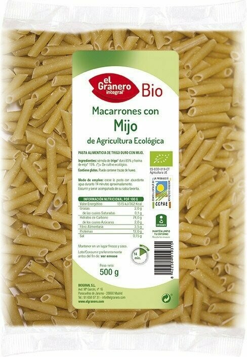 Macarrones con Mijo Bio, 500g El Granero Integral