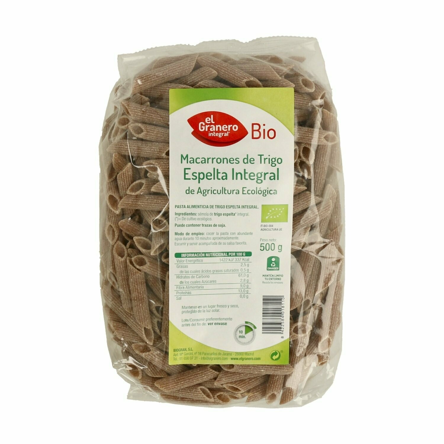 Macarrones de Trigo Espelta Integral Bio, 500g El Granero Integral