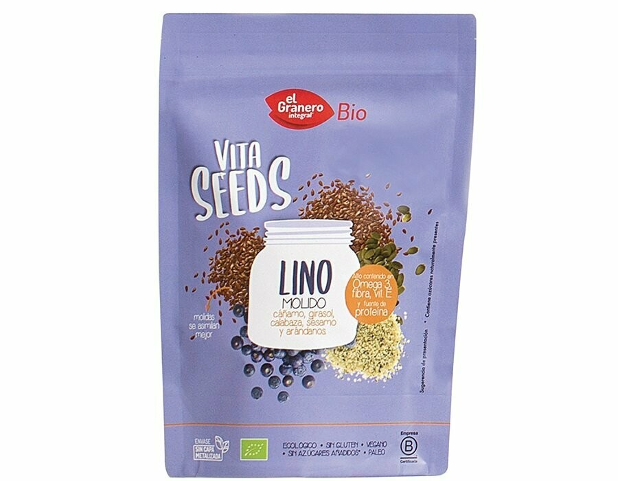 Vitaseeds Semillas de Lino Molido, Cáñamo, Girasol, Sésamo, Calabaza y Arándanos Bio, 300 g El Granero Integral