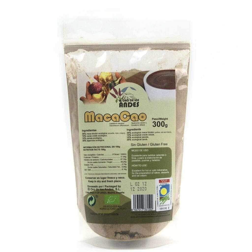 MacaCao (Maca Tricolor 35%, Algarroba 35%, Cacao 15%, Panela 15%) Bio 300 gr. El Oro de los Andes