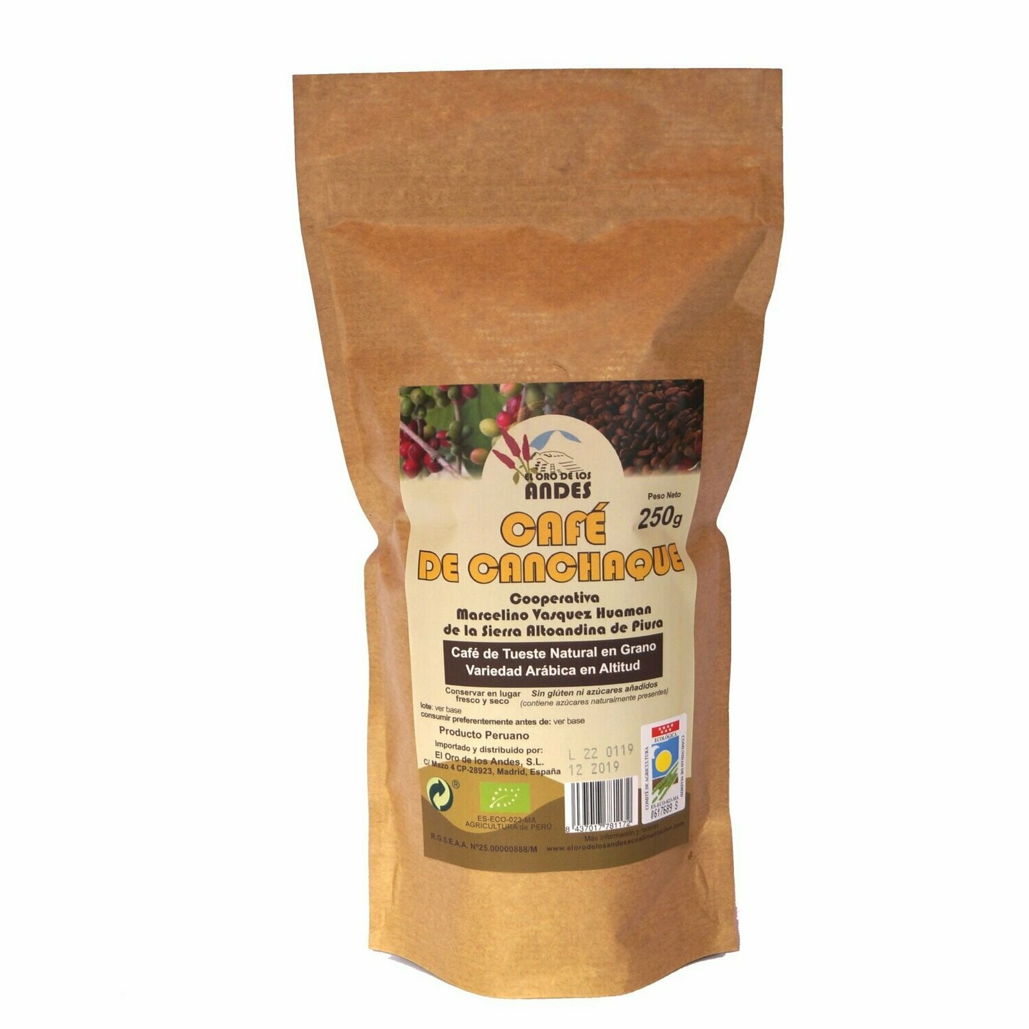 Café tueste natural en grano Bio 250 g Café de Canchaque El Oro de los Andes