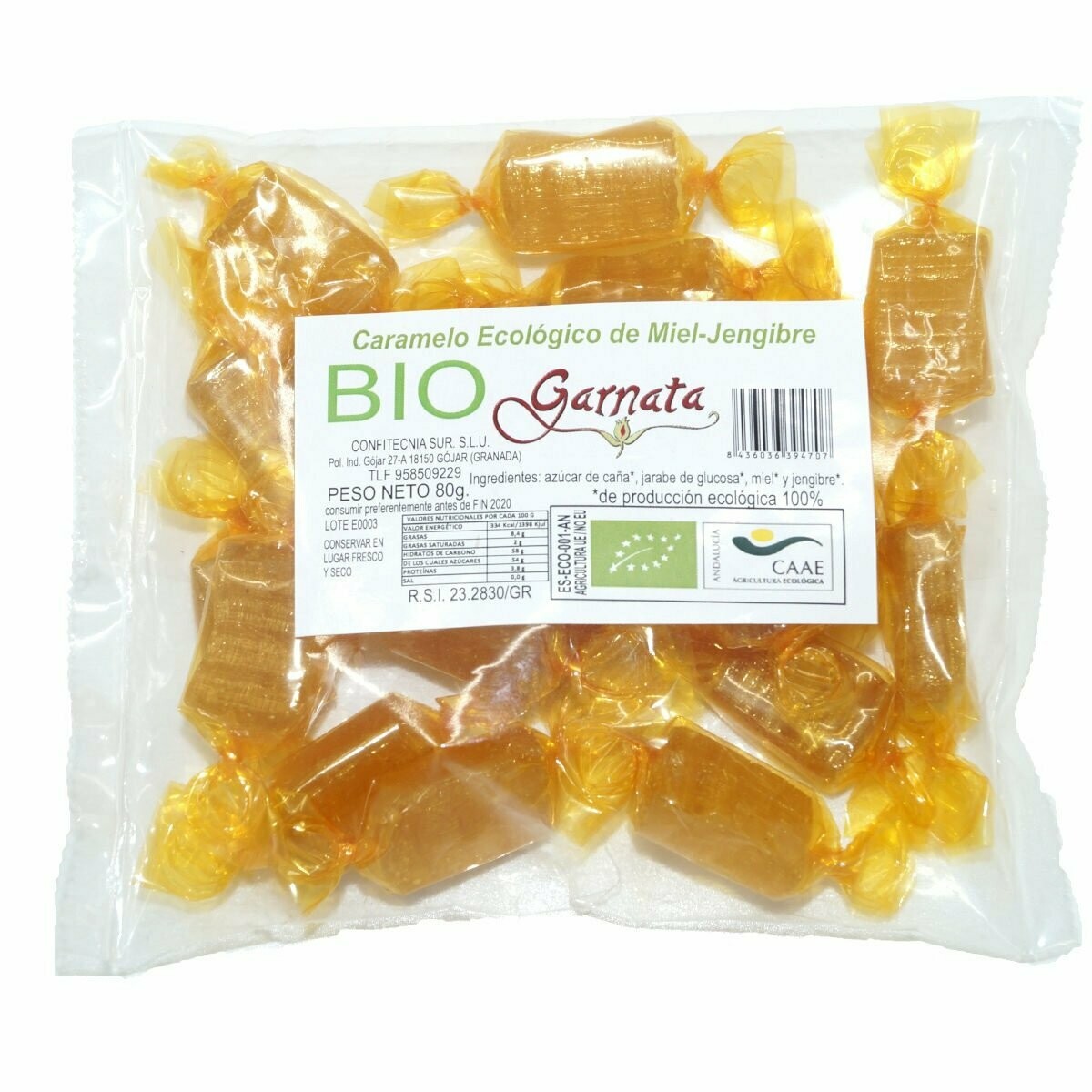 Caramelos Artesanos Garnata de Miel y Jengibre Bio 80 gr. El Oro de los Andes