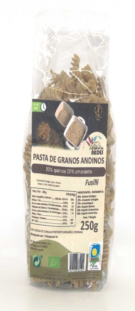 Espirales, Fusilli, Pasta de Granos Andinos, Arroz integral, Amaranto y Quinoa, Sin Gluten, Ecológica 250 g El Oro de los Andes