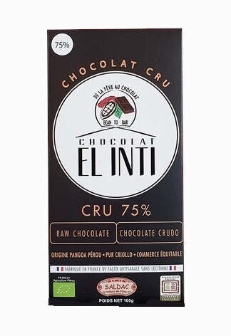 Chocolate crudo 75% en tabletas Bio de 100 gr. El Oro de los Andes
