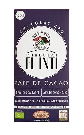 Chocolate crudo 100% (sin azúcares añadidos) en tabletas Bio de 100 gr. El Oro de los Andes