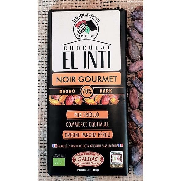 Chocolate 70% cacao peruano, en tabletas, Bio de 100 gr. El Oro de los Andes
