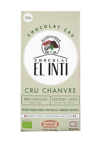 Chocolate crudo 75% con semillas de cáñamo 15%, en tabletas, Bio de 100 gr. El Oro de los Andes