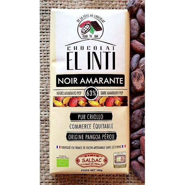 Tabletas de chocolate amaranto con un 63% de cacao orgánico y amaranto inflado, Bio de 100 gr. El Oro de los Andes
