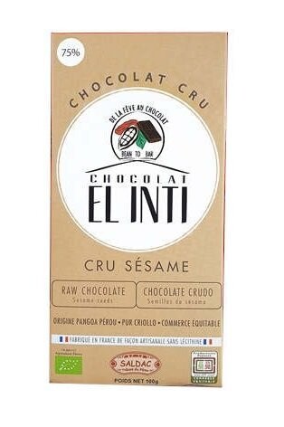 Chocolate crudo 75% con semillas de sésamo 12%, en tabletas, Bio de 100 gr. El Oro de los Andes