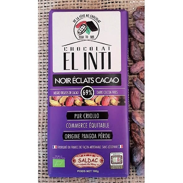 Chocolate con Pepitas de Cacao peruano 69%, en tabletas, Bio de 100 gr. El Oro de los Andes