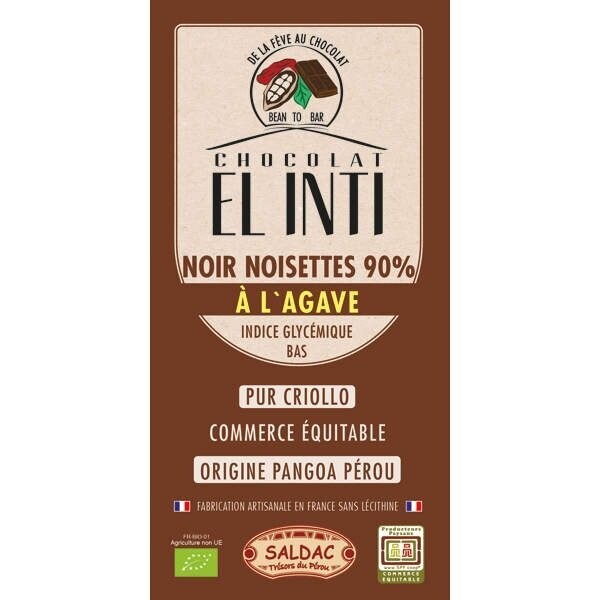 Chocolate Negro con avellanas 90% de cacao criollo con Avellanas y agave, en tabletas, Bio de 100 gr. El Oro de los Andes