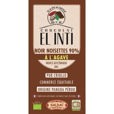 Chocolate Negro con avellanas 90% de cacao criollo con Avellanas y agave, en tabletas, Bio de 100 gr. El Oro de los Andes