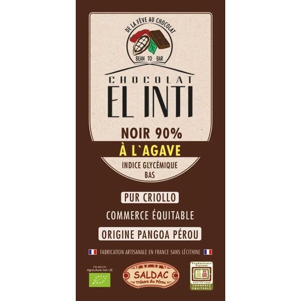 Chocolate Negro con agave 90% de cacao criollo, en tabletas, Bio de 100 gr. El Oro de los Andes