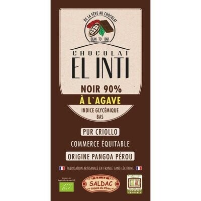 Chocolate Negro con agave 90% de cacao criollo, en tabletas, Bio de 100 gr. El Oro de los Andes