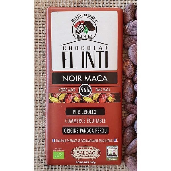 Tabletas de Chocolate Natural con un 20% de maca, Bio de 100 gr. El Oro de los Andes