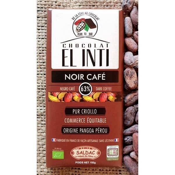 Tabletas de chocolate con café orgánico Palomar y un 63% de cacao, Bio de 100 gr. El Oro de los Andes