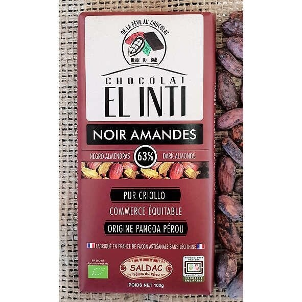Tabletas de chocolate con un 63% de cacao y almendras Bio de 100 gr. El Oro de los Andes