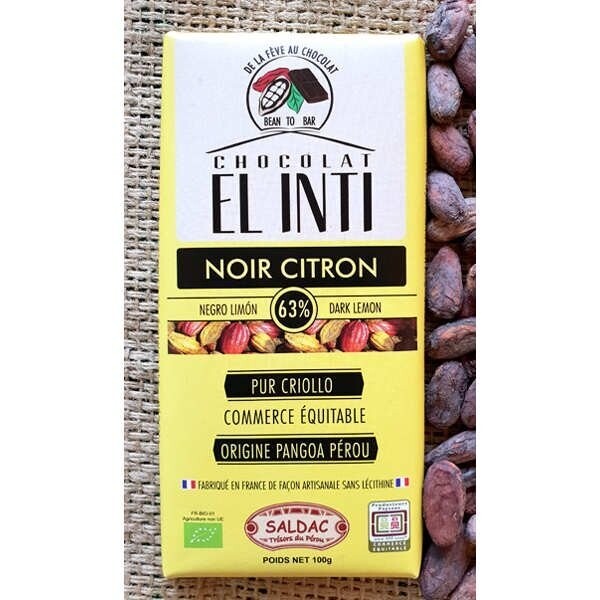 Tabletas de chocolate con un 63% de cacao criollo orgánico y piel de limón confitada Bio de 100 gr. El Oro de los Andes