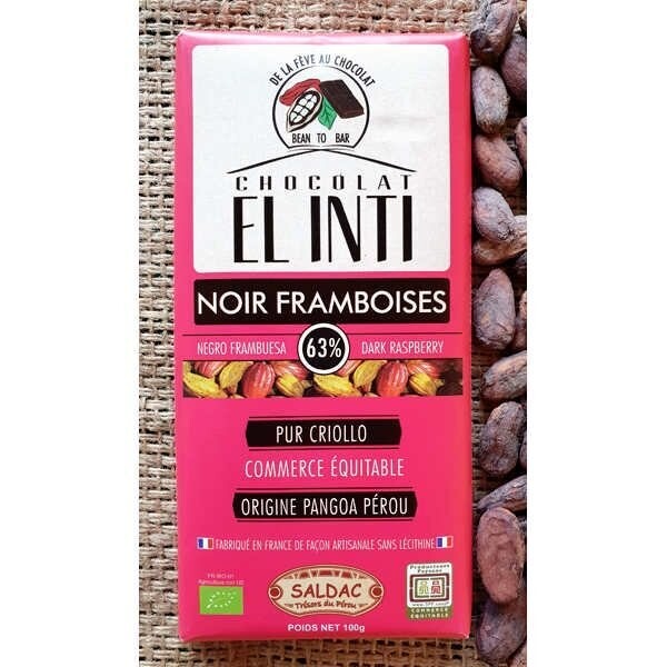 Tabletas de Chocolate con frambuesas y 63% de cacao Bio de 100 gr. El Oro de los Andes