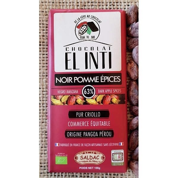 Chocolate con manzana con un 63% de cacao, manzanas secas y frutos secos en tabletas Bio de 100 gr. El Oro de los Andes