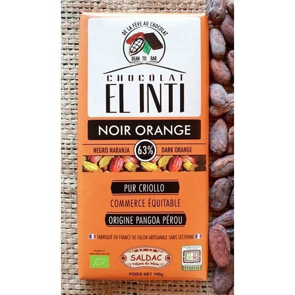 Tabletas de chocolate con un 63% de cacao criollo orgánico y naranja Bio de 100 gr. El Oro de los Andes