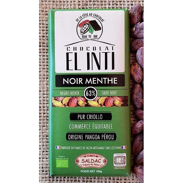 Chocolate con menta Tabletas con 2% de menta y un 63% de Cacao criollo orgánico Bio de 100 gr. El Oro de los Andes